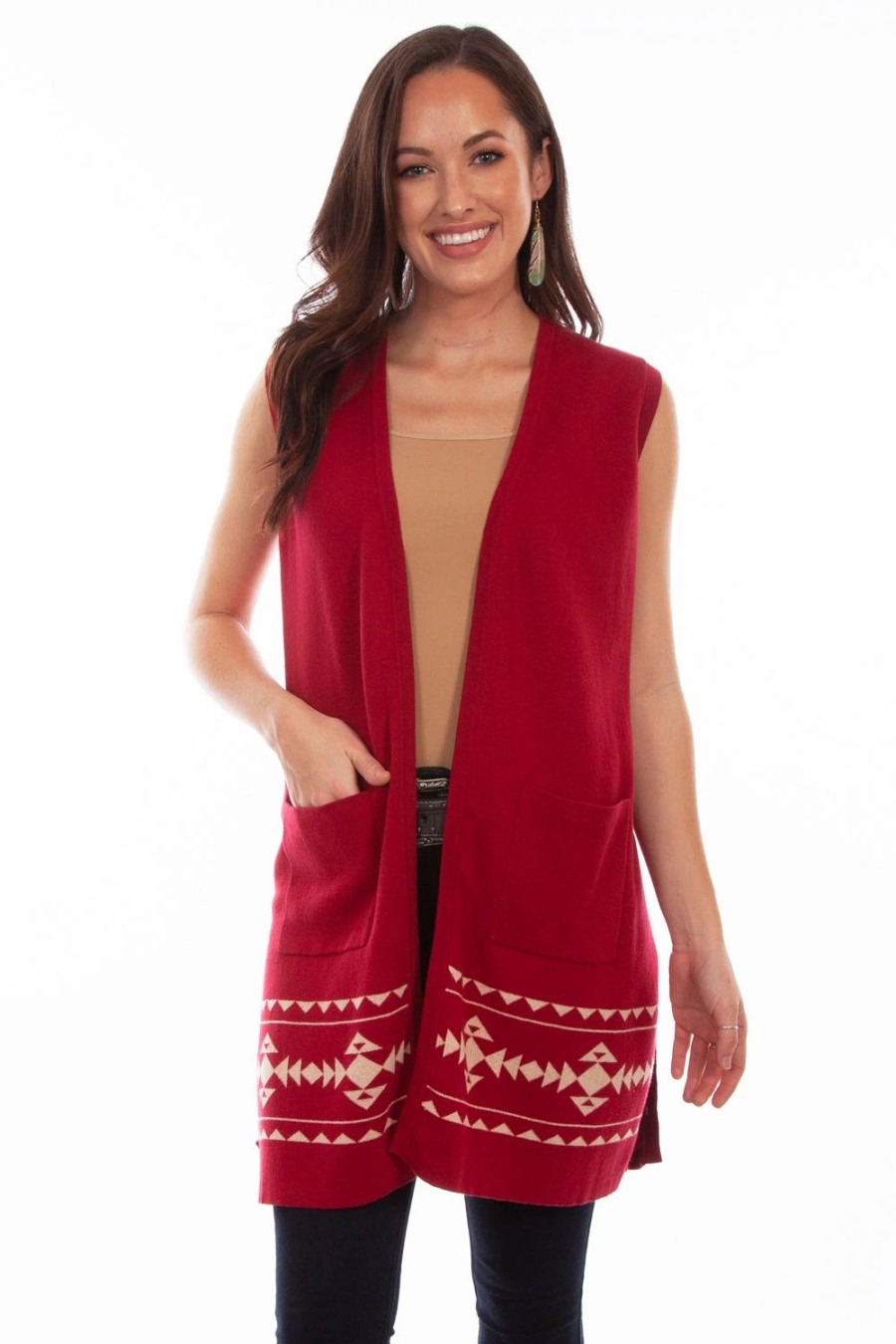 Sweaters / Vests * | Scully Womens Red/Taupe 100% Cotton Indian Headdress Cardigan