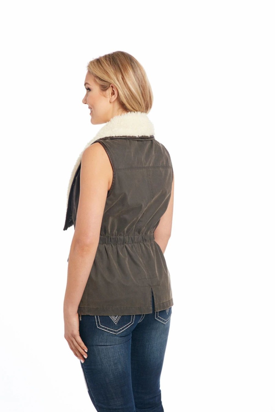 Sweaters / Vests * | Cripple Creek Womens Rifle Green Cotton Blend Enzyme Washed Fur Vest