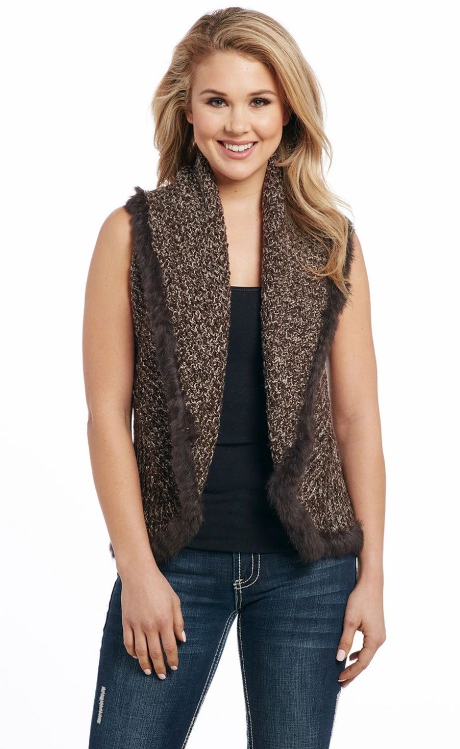 Sweaters / Vests * | Cripple Creek Womens Crochet Knit Rabbit Trim Heather Chocolate Fur Vest