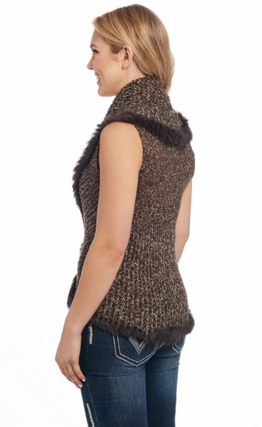 Sweaters / Vests * | Cripple Creek Womens Crochet Knit Rabbit Trim Heather Chocolate Fur Vest