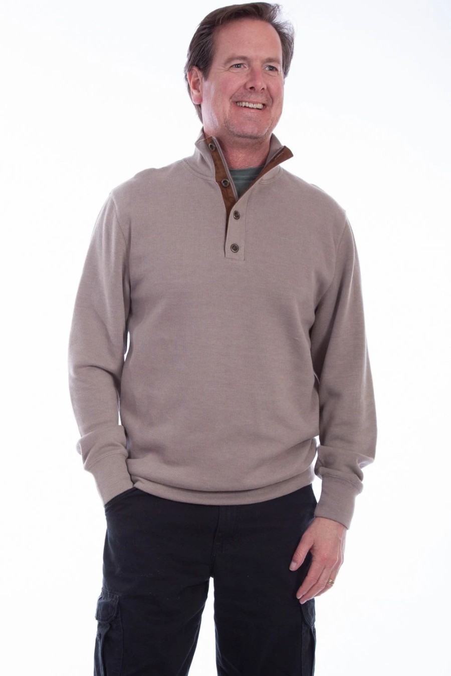 Sweaters / Vests * | Scully Mens Taupe Cotton Blend Elbow Patch Pullover Sweater