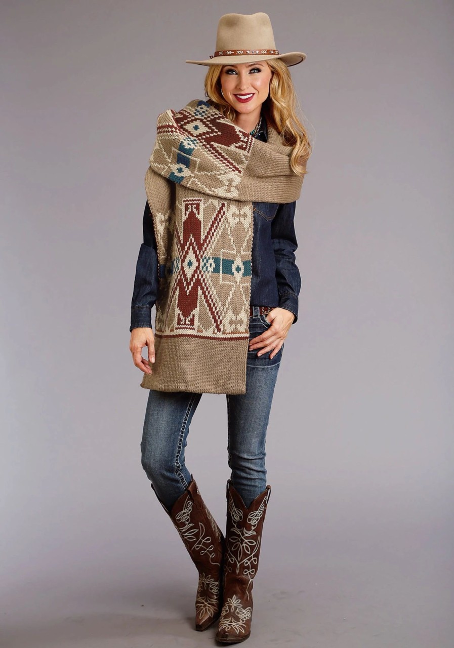 Sweaters / Vests * | Stetson Womens Tan Multi Wool Blend Aztec Knit Sweater Scarf