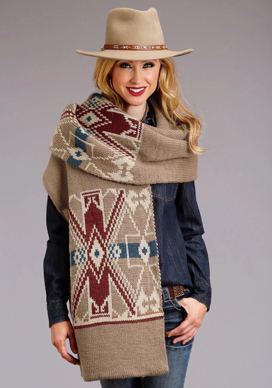 Sweaters / Vests * | Stetson Womens Tan Multi Wool Blend Aztec Knit Sweater Scarf