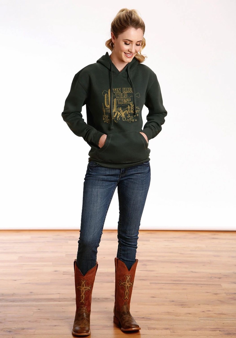 Sweaters / Vests * | Tin Haul Womens Green Cotton Blend Wild West Hoodie