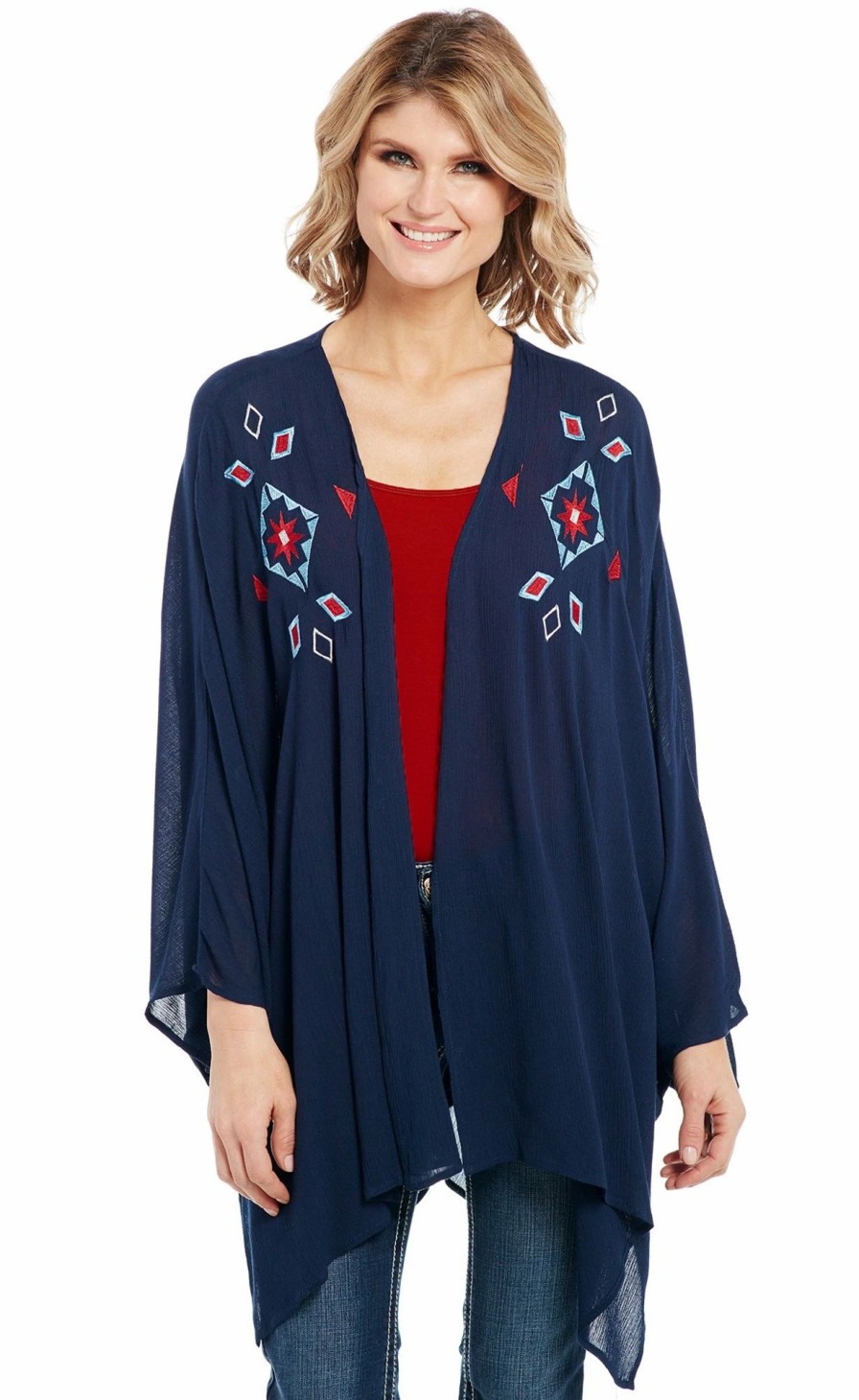 Sweaters / Vests * | Cowgirl Up Womens Navy 100% Rayon Embroidered Kimono Cardigan