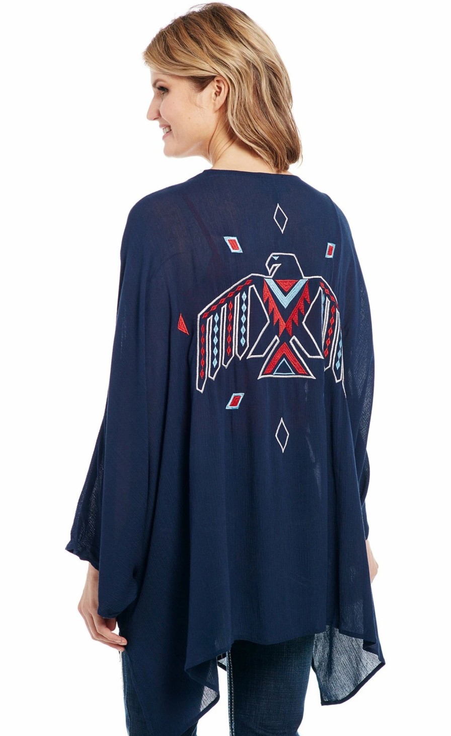 Sweaters / Vests * | Cowgirl Up Womens Navy 100% Rayon Embroidered Kimono Cardigan