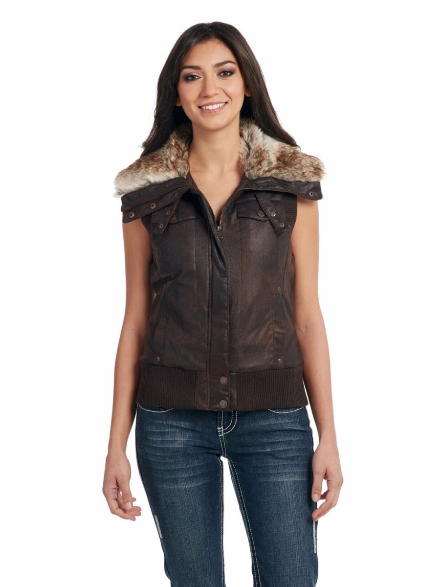 Sweaters / Vests * | Cripple Creek Womens Pinecone Faux Leather Distressed Aviator Vest