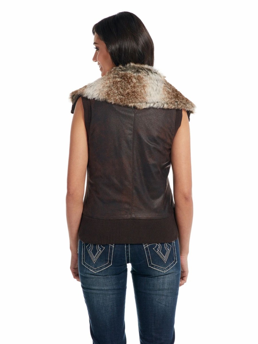 Sweaters / Vests * | Cripple Creek Womens Pinecone Faux Leather Distressed Aviator Vest