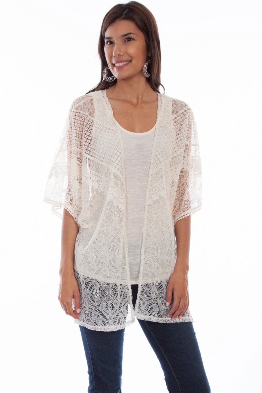 Sweaters / Vests * | Scully Womens Sand Cotton Blend Lace Tank Cardigan