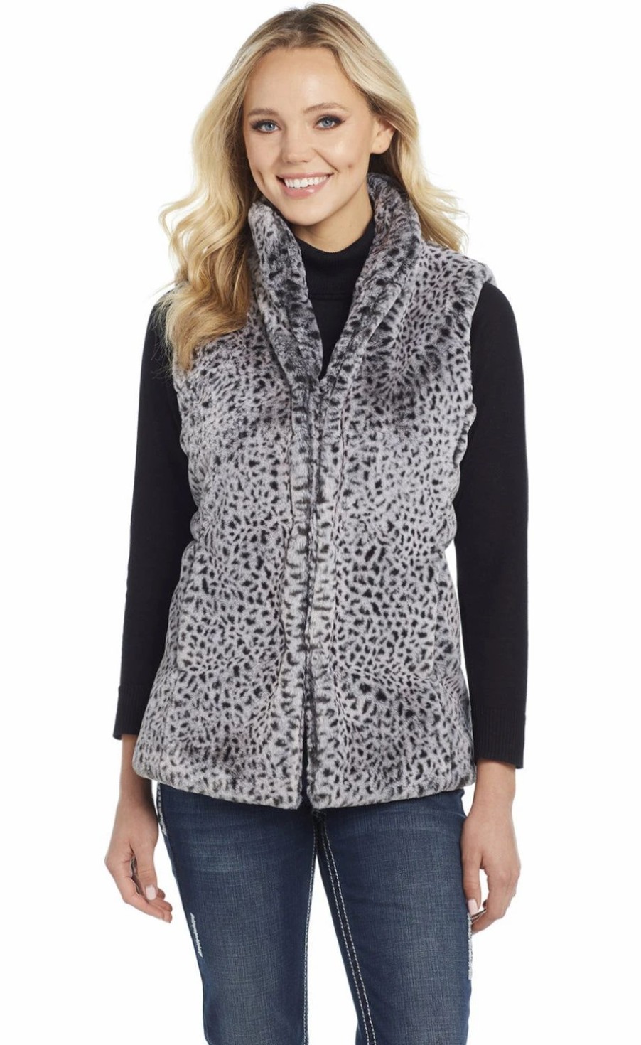 Sweaters / Vests * | Cripple Creek Womens Faux Shearling Leopard Grey Multi Polyester Faux Fur Vest