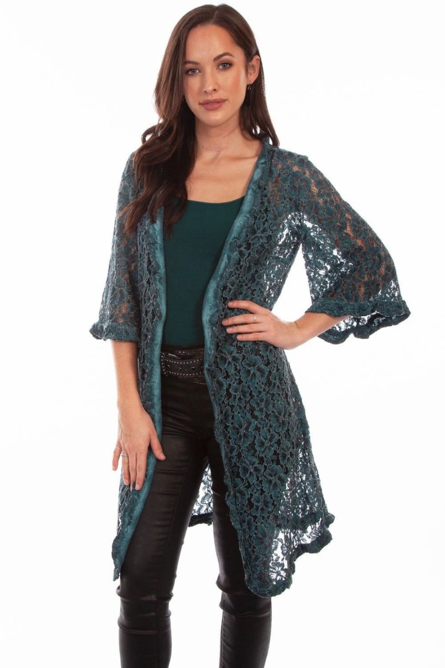 Sweaters / Vests * | Scully Womens Dark Cyan Cotton Blend Floral Lace Cardigan