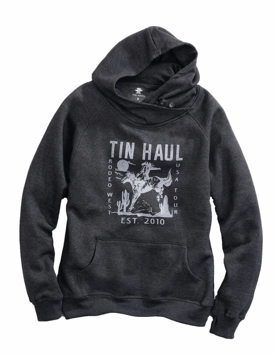 Sweaters / Vests * | Tin Haul Womens Charcoal Heather Cotton Blend Rodeo West Hoodie