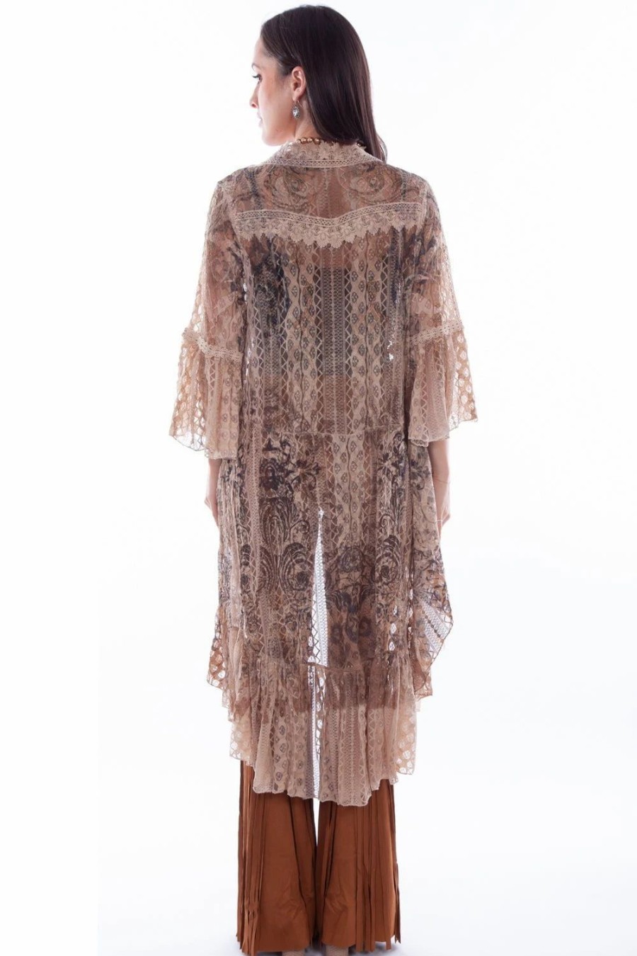 Sweaters / Vests * | Scully Womens Taupe Nylon Printed Lace Cardigan