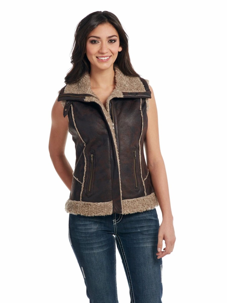 Sweaters / Vests * | Cripple Creek Womens Pinecone Polyester Shearling Aviator Vest