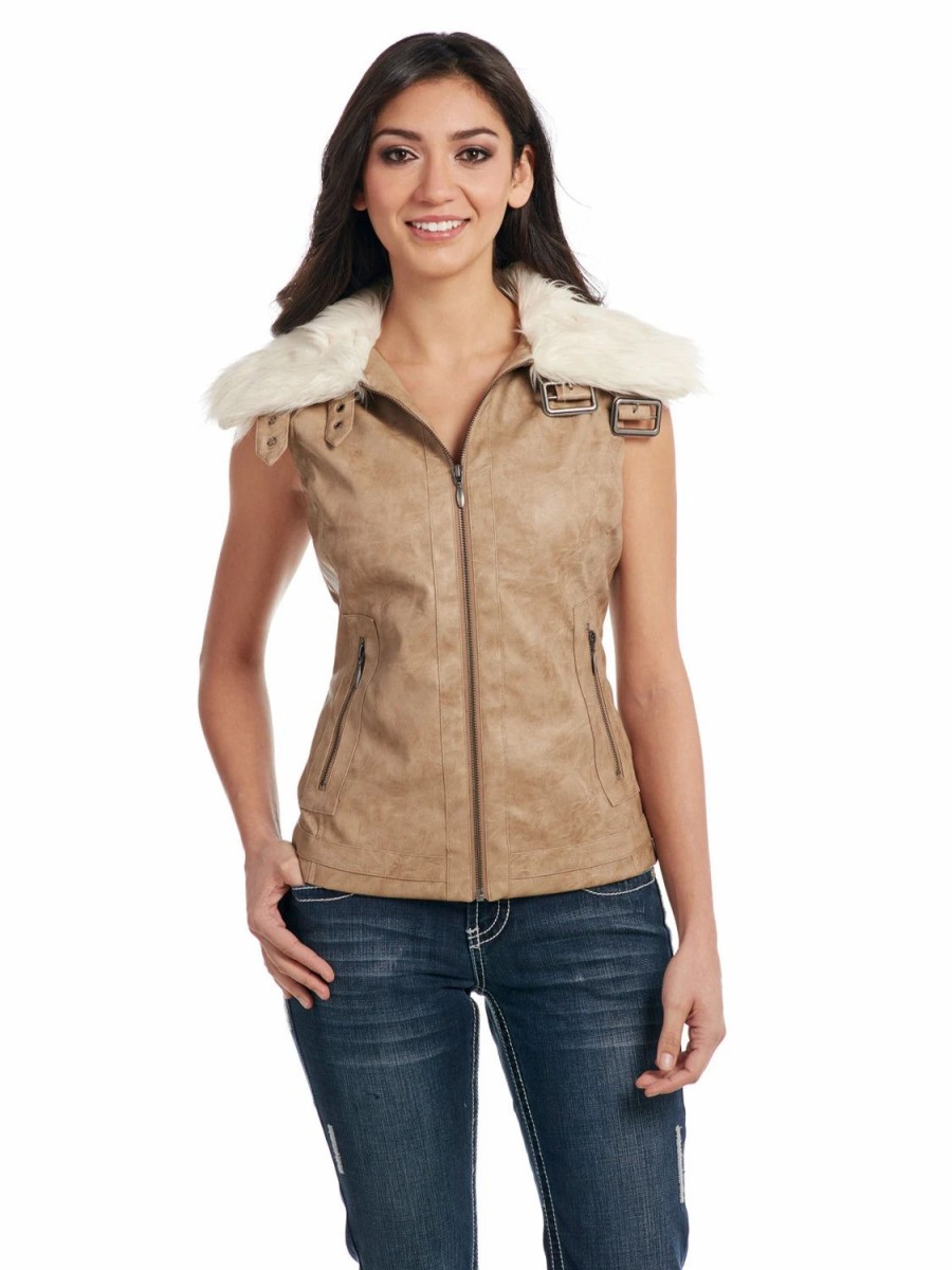 Sweaters / Vests * | Cripple Creek Womens Stone Faux Leather Fur Vest