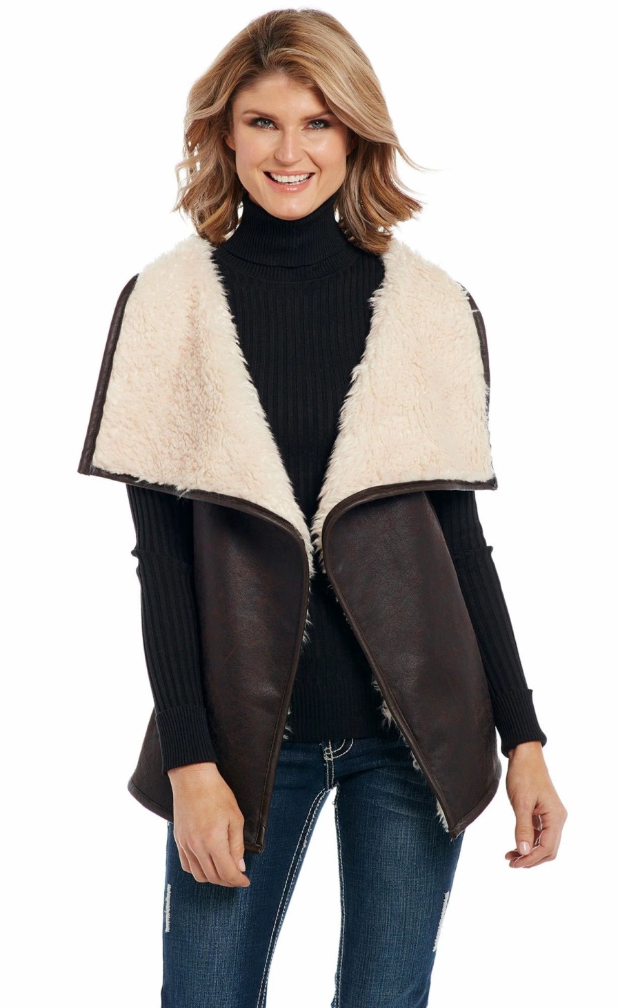 Sweaters / Vests * | Cripple Creek Womens Pinecone Polyester Faux Shearling Wrap Vest