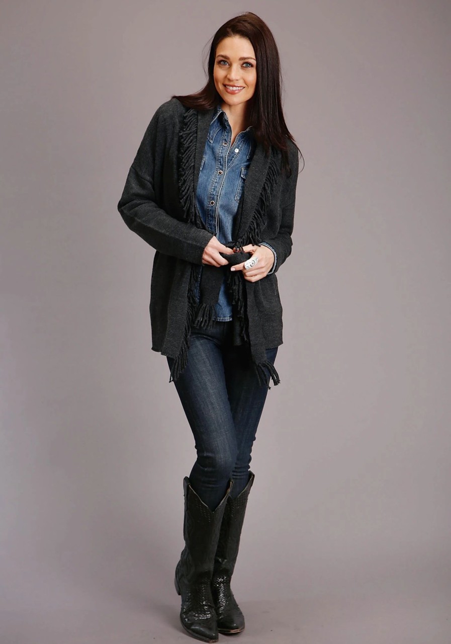 Sweaters / Vests * | Stetson Womens Charcoal Grey Fringed Shawl Cardigan