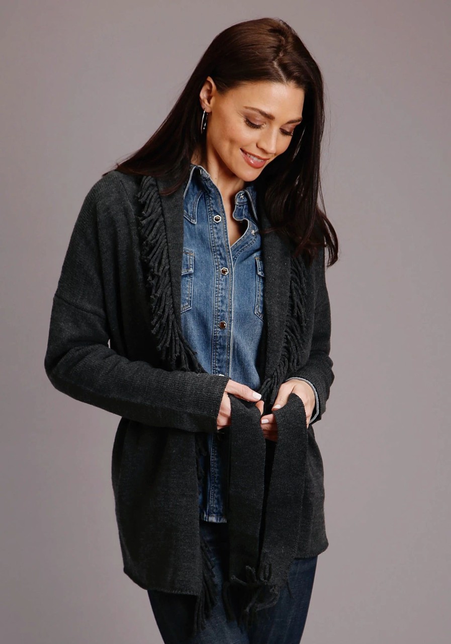 Sweaters / Vests * | Stetson Womens Charcoal Grey Fringed Shawl Cardigan