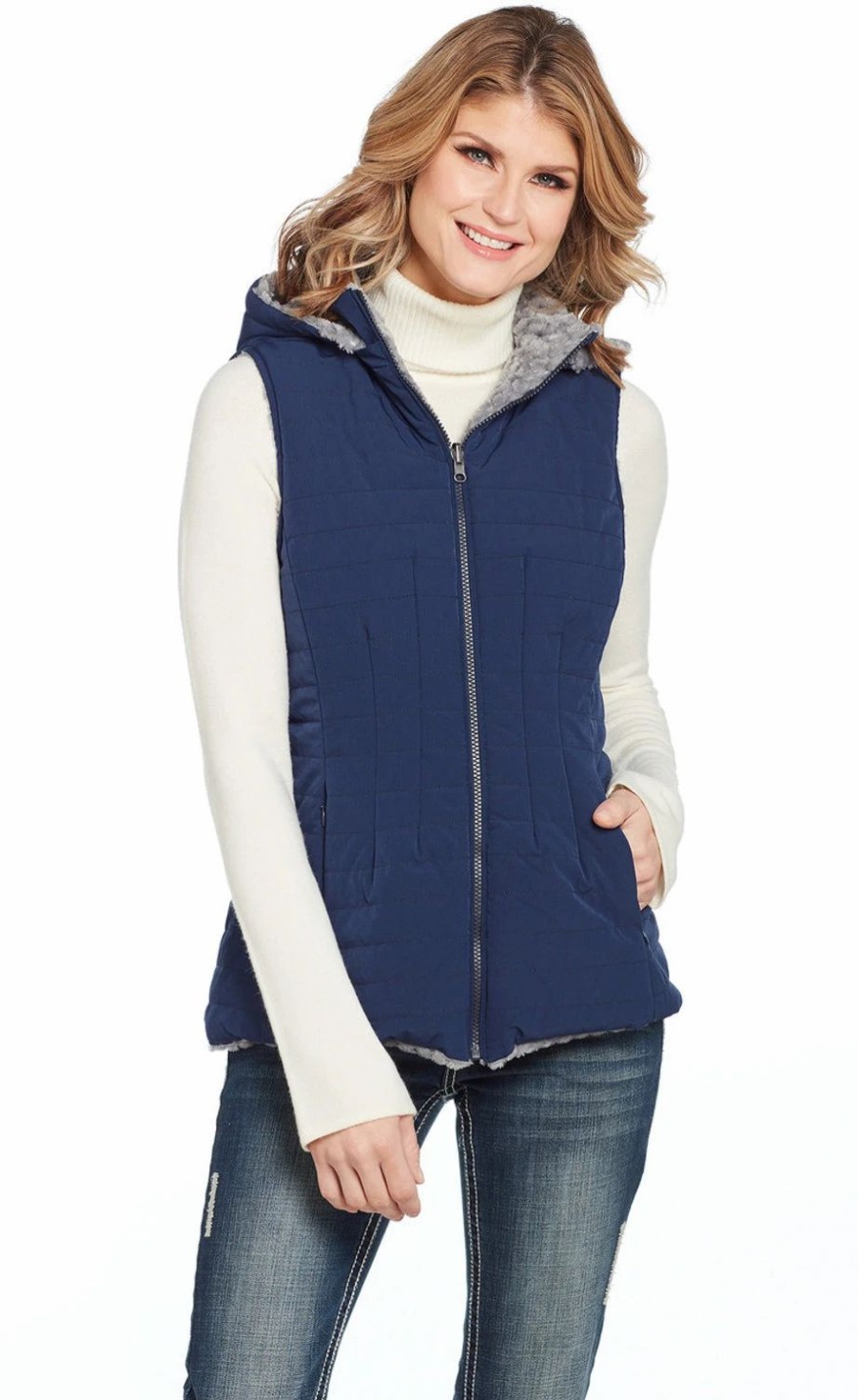 Sweaters / Vests * | Cripple Creek Womens Reversible Water-Resistant Ink Blue Nylon Faux Fur Vest