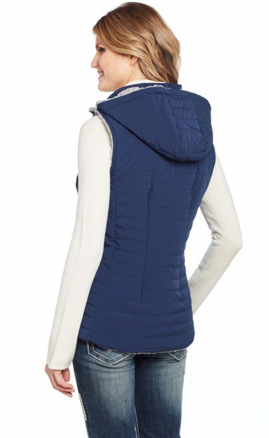 Sweaters / Vests * | Cripple Creek Womens Reversible Water-Resistant Ink Blue Nylon Faux Fur Vest