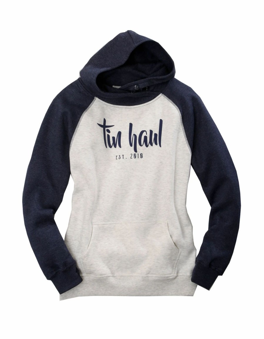 Sweaters / Vests * | Tin Haul Womens Navy/Oatmeal Cotton Blend Script Hoodie