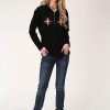 Sweaters / Vests * | Roper Womens Black 100% Cotton Aztec Henley L/S Hoodie