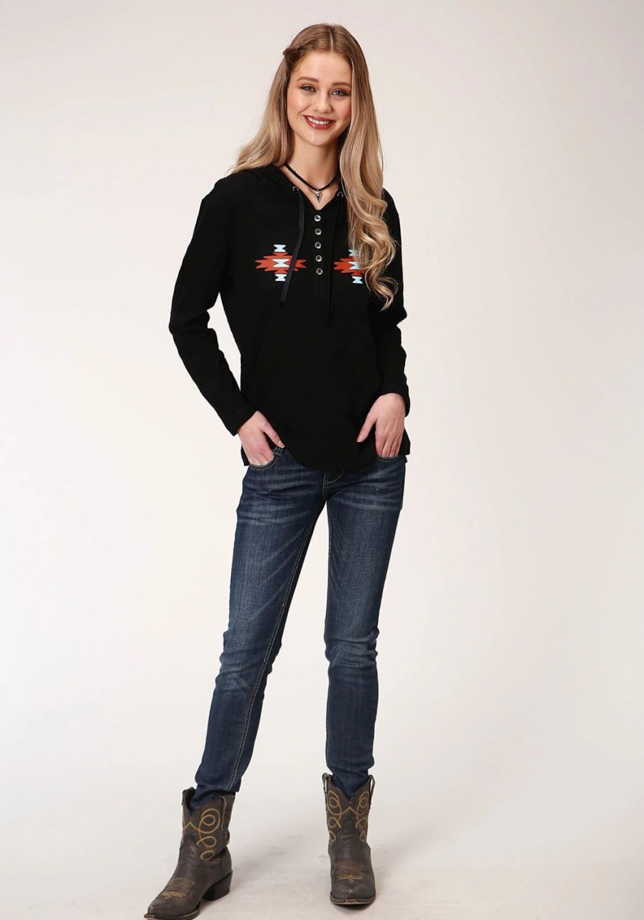 Sweaters / Vests * | Roper Womens Black 100% Cotton Aztec Henley L/S Hoodie