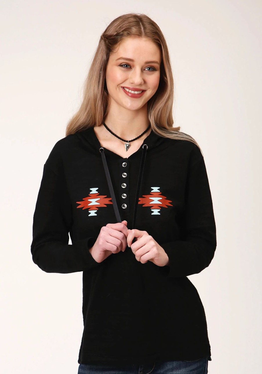 Sweaters / Vests * | Roper Womens Black 100% Cotton Aztec Henley L/S Hoodie