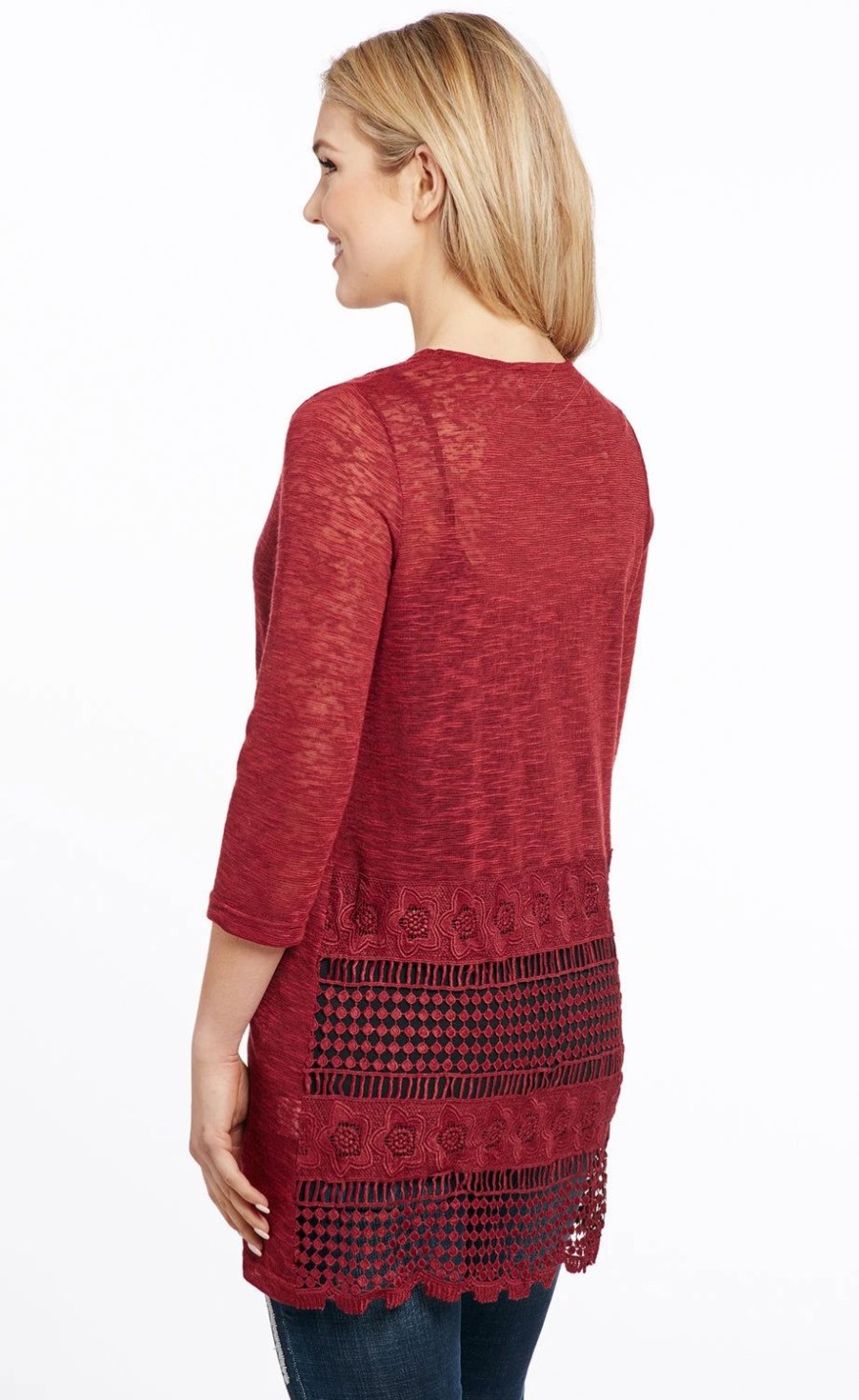 Sweaters / Vests * | Cowgirl Up Womens Cardinal Cotton Blend Scalloped Lace Sweater