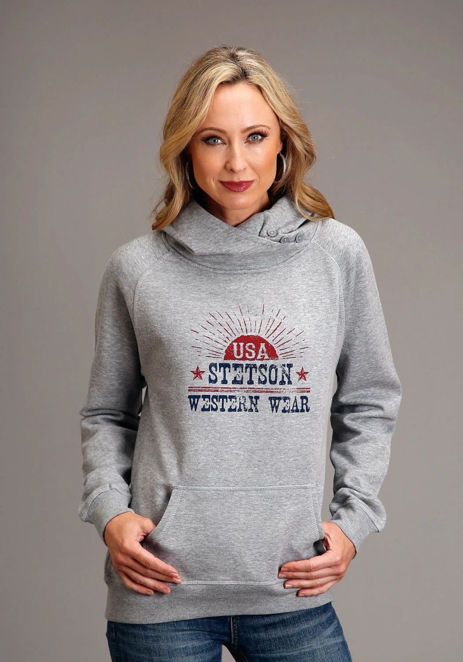 Sweaters / Vests * | Stetson Womens Grey Cotton Blend Usa Sunburst Hoodie