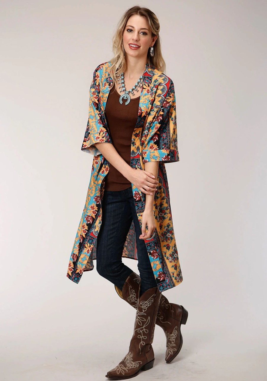 Sweaters / Vests * | Roper Womens Turquoise Polyester Baroque Floral Cardigan