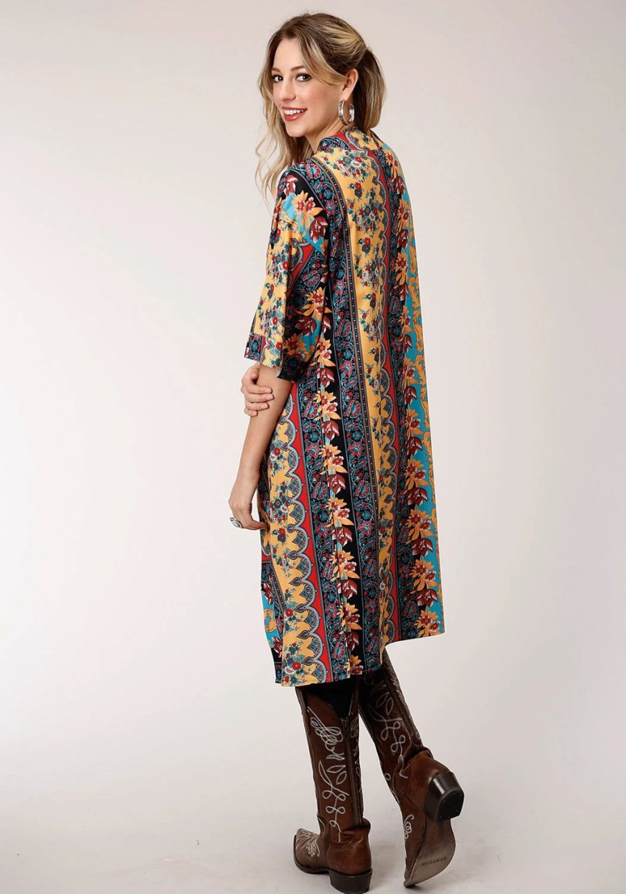 Sweaters / Vests * | Roper Womens Turquoise Polyester Baroque Floral Cardigan