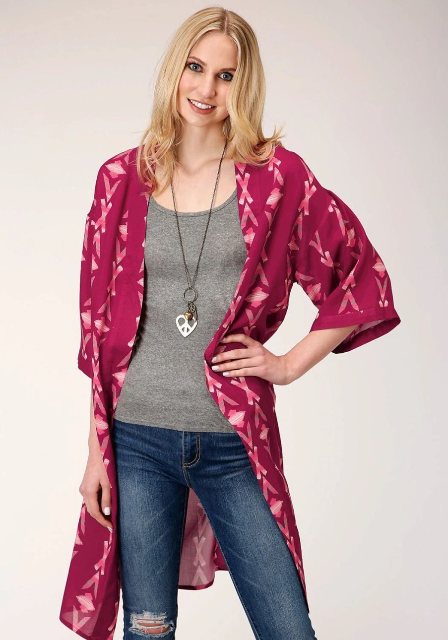 Sweaters / Vests * | Roper Womens Wine Rayon/Nylon Aztec Print Kimono Cardigan