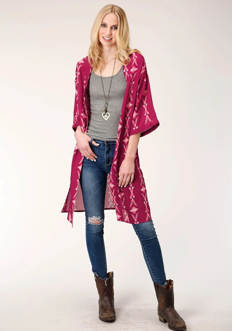 Sweaters / Vests * | Roper Womens Wine Rayon/Nylon Aztec Print Kimono Cardigan