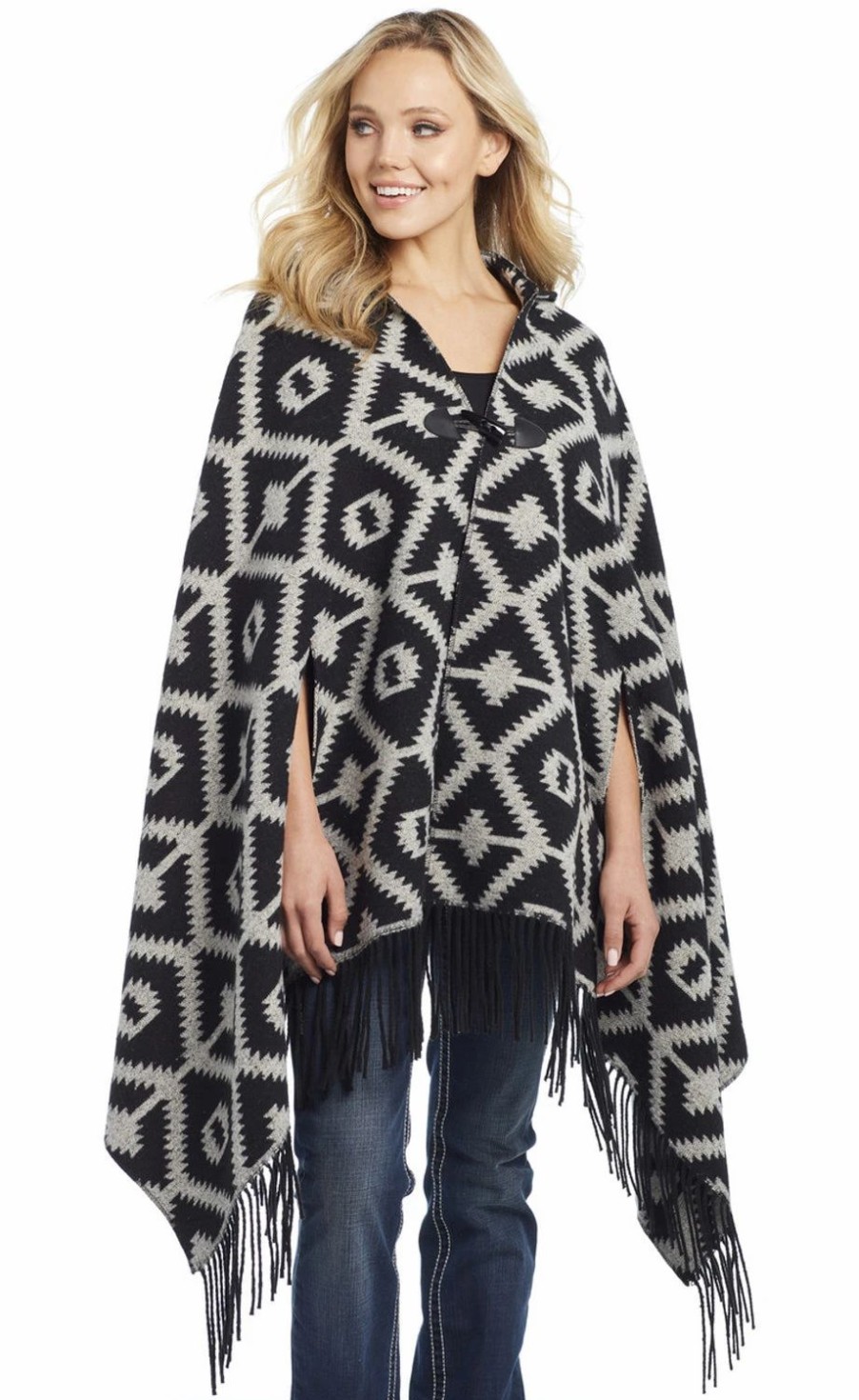 Sweaters / Vests * | Cripple Creek Womens Navajo Blanket Wrap Hooded Black/Cream Polyester Poncho