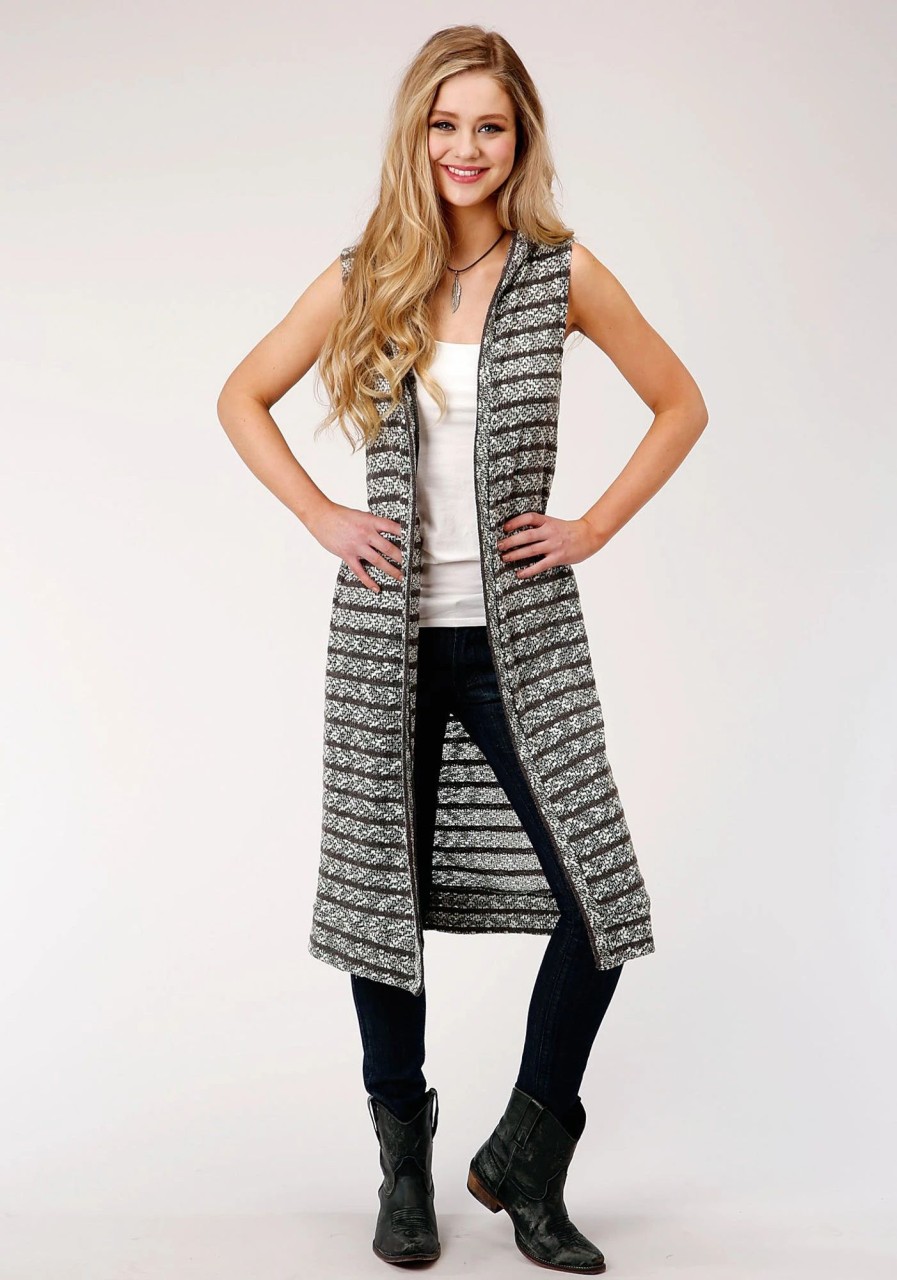 Sweaters / Vests * | Roper Womens Black/White Cotton Blend Hooded S/L Cardigan