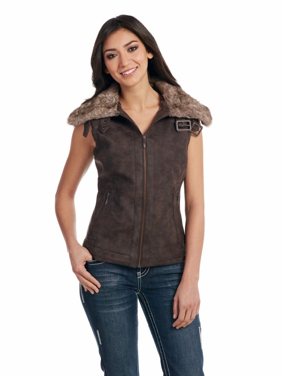 Sweaters / Vests * | Cripple Creek Womens Coffee Bean Faux Leather Buckle Vest